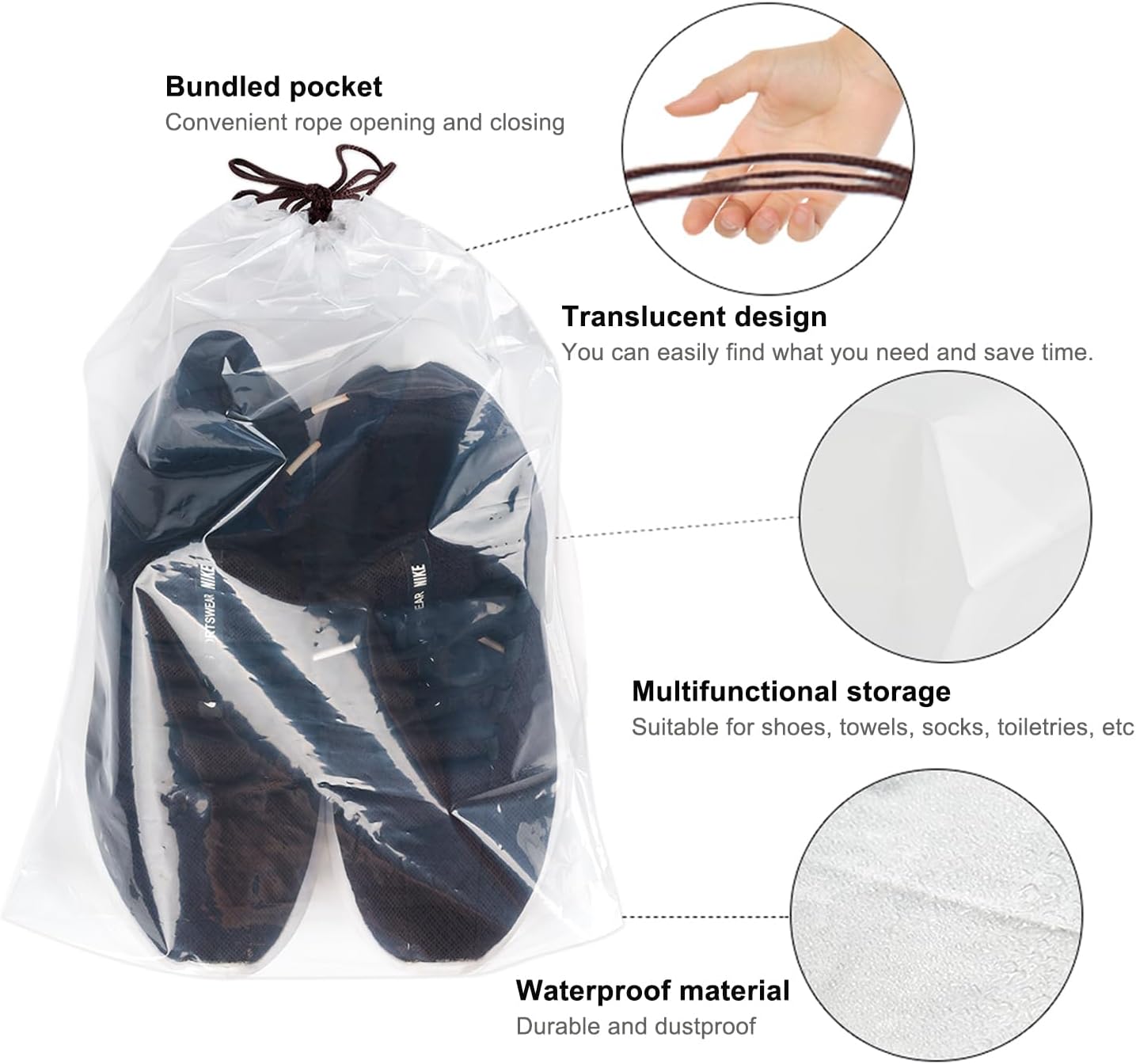 100 Pcs transparent Shoe Bags for Travel,11.8“ x 15.7”,Drawstring Travel Shoe Bags for Packing,Waterproof Dustproof Portable Travel Shoe Storage Bag for Men and Womens Per Piece