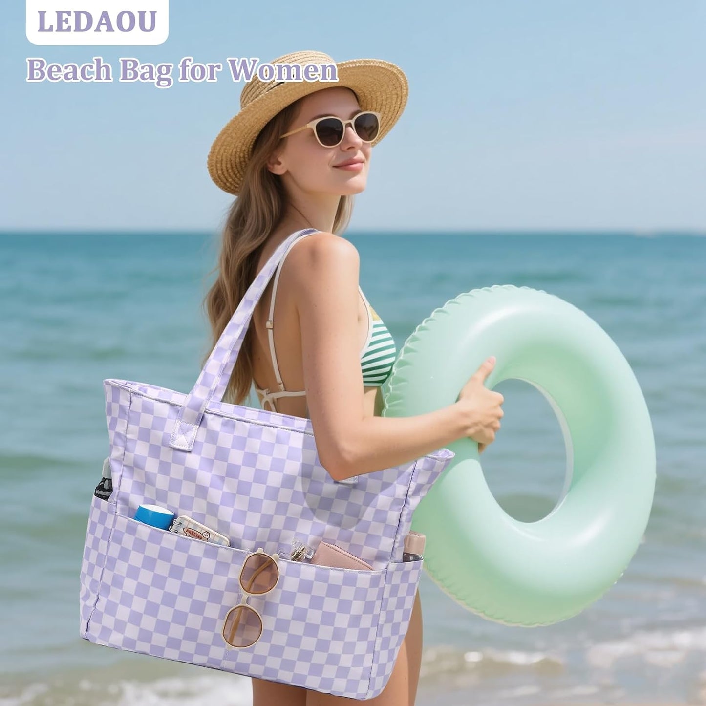 LEDAOU Large Beach Tote Bag Women Waterproof Sandproof Zipper Beach Tote Bag for Pool Gym Grocery Travel with Wet Pocket