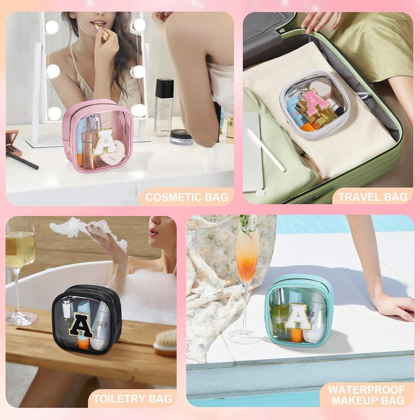 YOOLIFE Initial Make Up Bag Travel Toiletry Bag, Clear Makeup Bag Preppy Cosmetic Bags Organizer Travel Essentials Gifts for Women Teen Girlfriend Teacher Mom Birthday Mothers Day Gifts White J