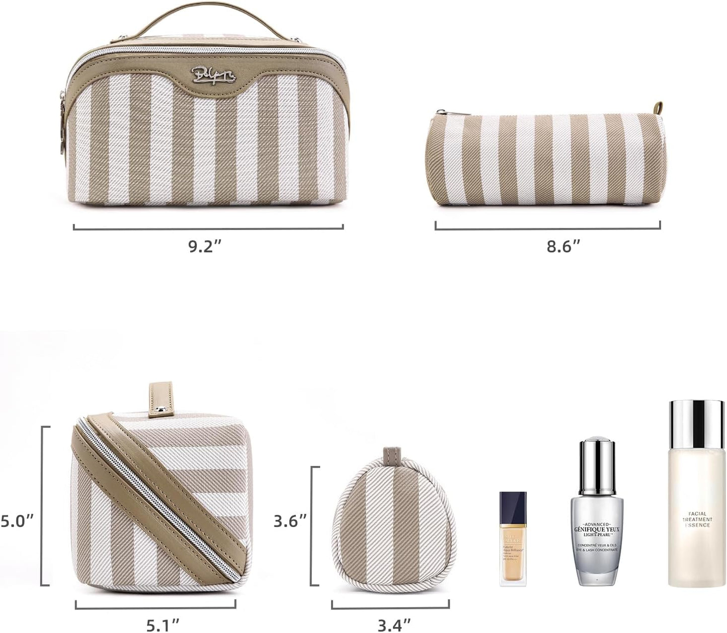 BOYATU Travel Makeup Bag for Women: Large Cosmetic Bag Set of 3 - PU Leather Make up Bag with Compartments - Compact Waterproof Toiletry Bag with Divider & Handle (B-7-Apricot)