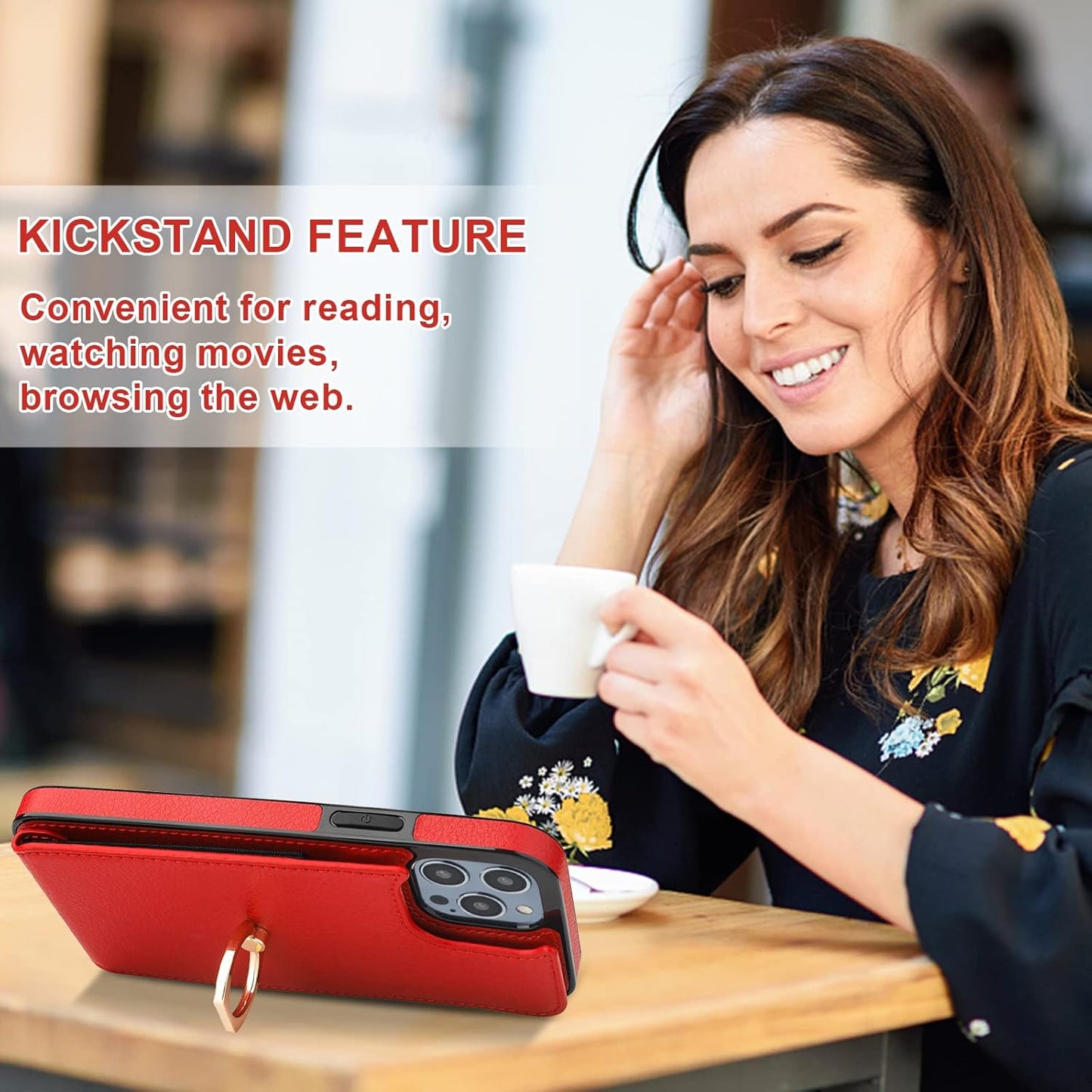 Folosu Compatible with iPhone 14 Pro Max Case Wallet with Card Holder, 360°Rotation Finger Ring Holder Kickstand, RFID Blocking Leather Protective Double Buttons Shockproof Cover 6.7 Inch Red