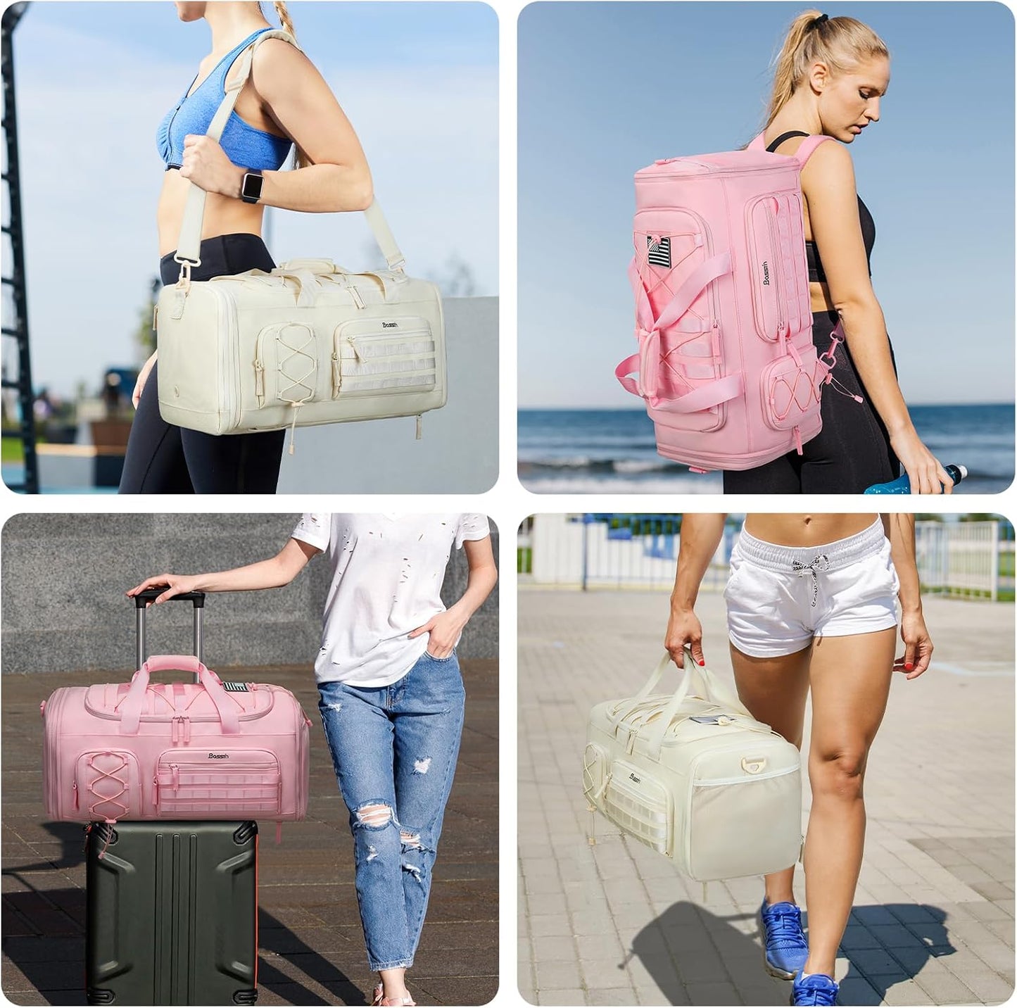 Bosstin Gym Bag for Women & Men, 45L Travel Duffle Sports Duffel Bag Gym Weekender Overnight Backpack with Shoe Compartment (4Beige)