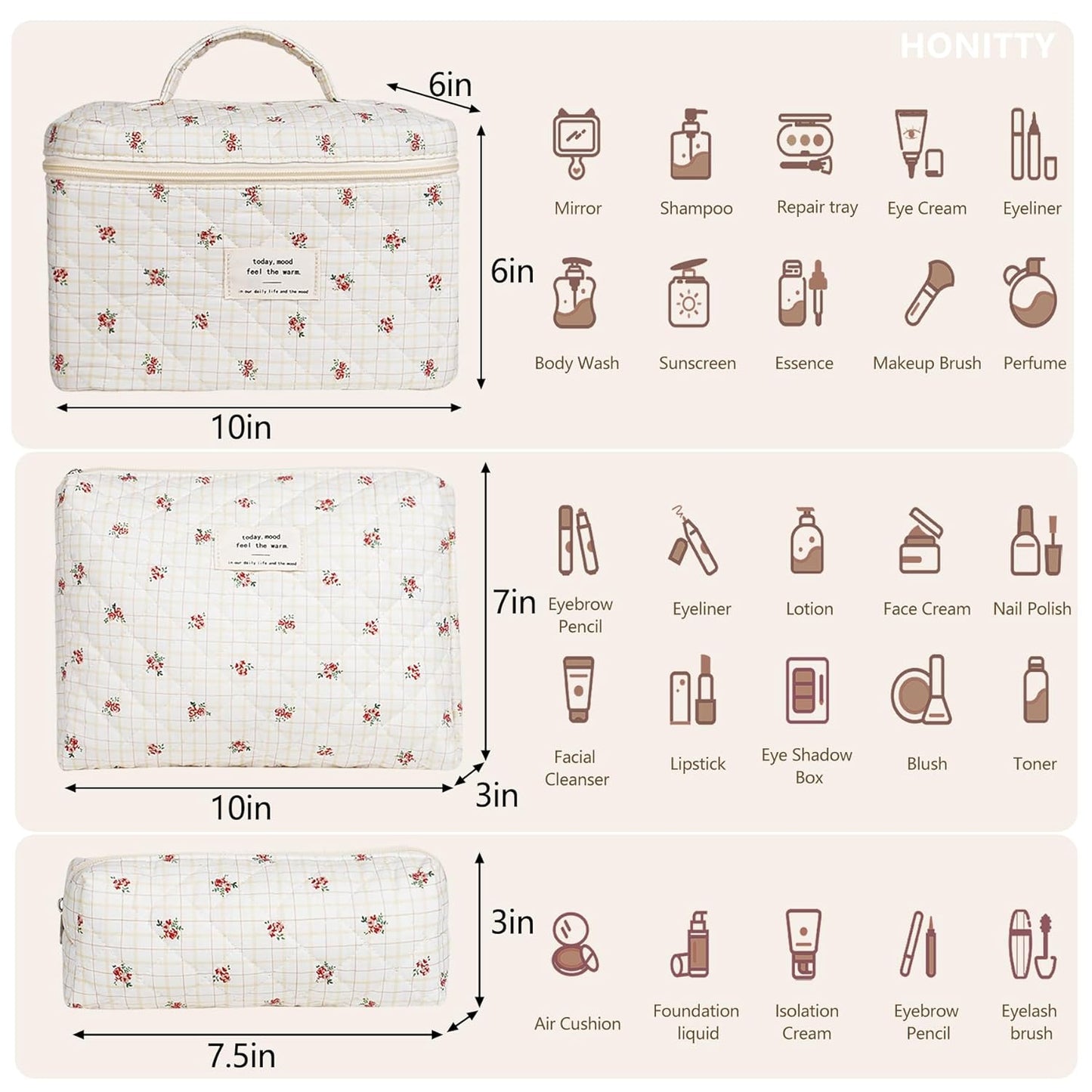 Makeup Bag,Quilted Cosmetic Bags,Large Floral Make Up Organize bag,Makeup Bag Set for Women,Flower Travel Toiletry Bag