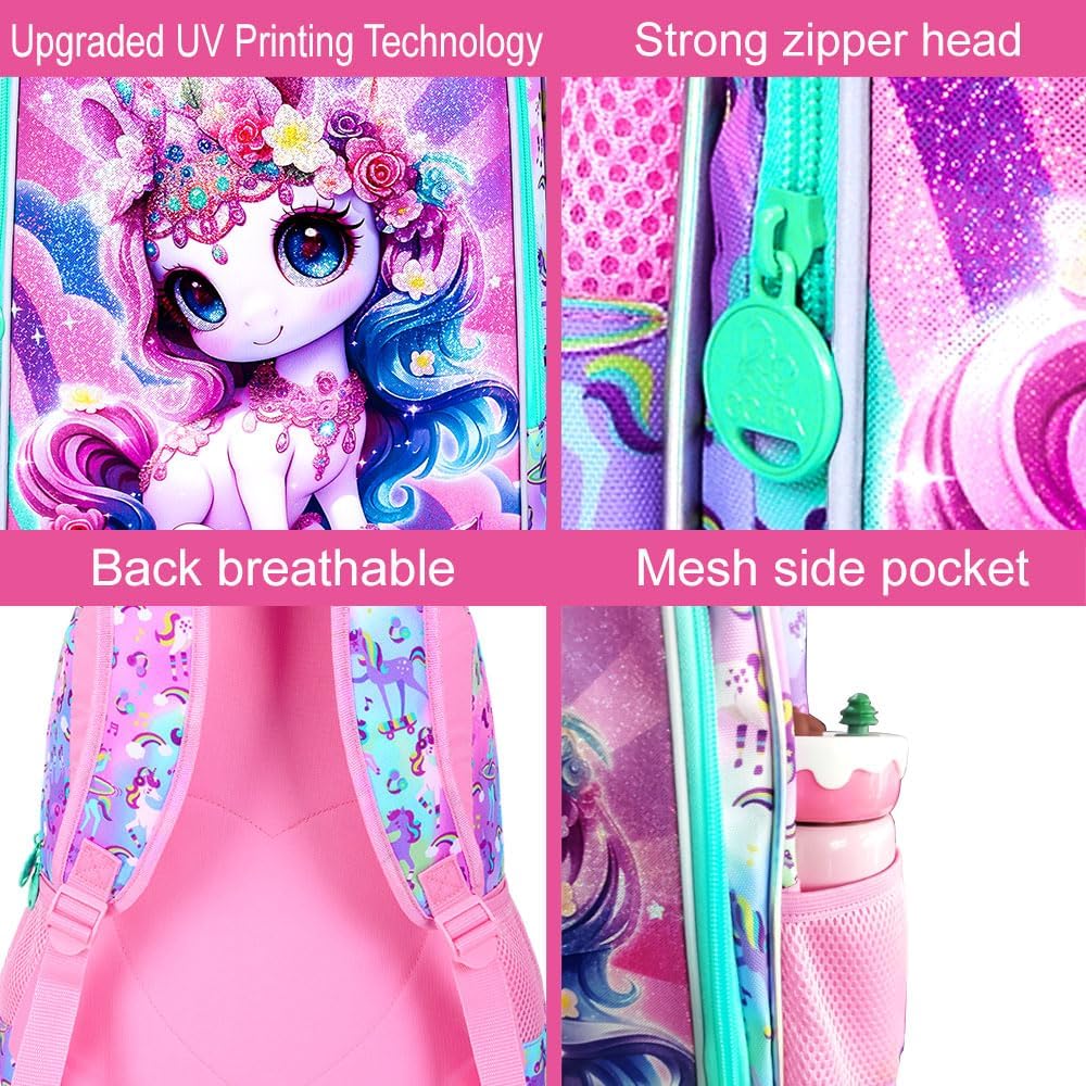 16" Unicorn Backpack for Girls, 3Pcs Kids School Backpacks with Lunch Box, Bookbag for Elementary Preschool Kindergarten(Pink)