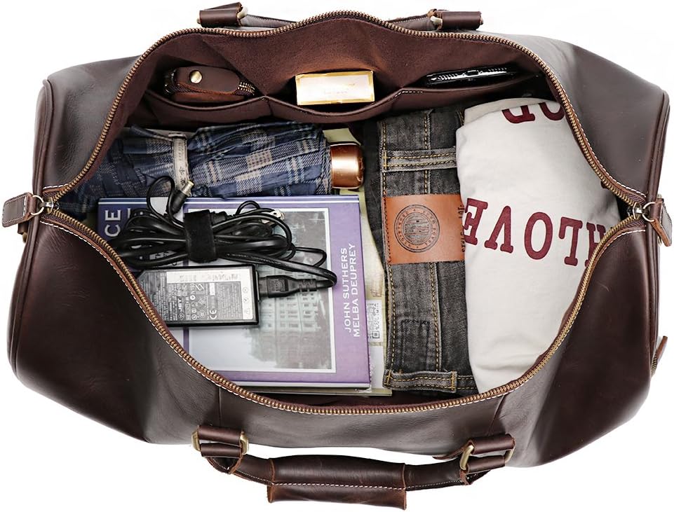 Leather Travel Luggage Bag, Mens Duffle Retro Carry on Handbag (Dark Browm, 22 Inch)