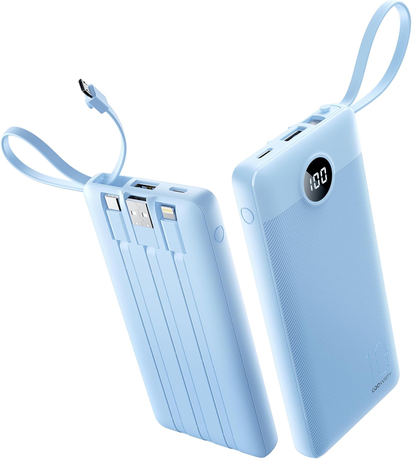 10000mAh Portable Charger, Slim Power Bank with Built-in Cables, Battery Pack 5 Outputs 2 Inputs LED Display Compatible with iPhone/Android & More (Blue)