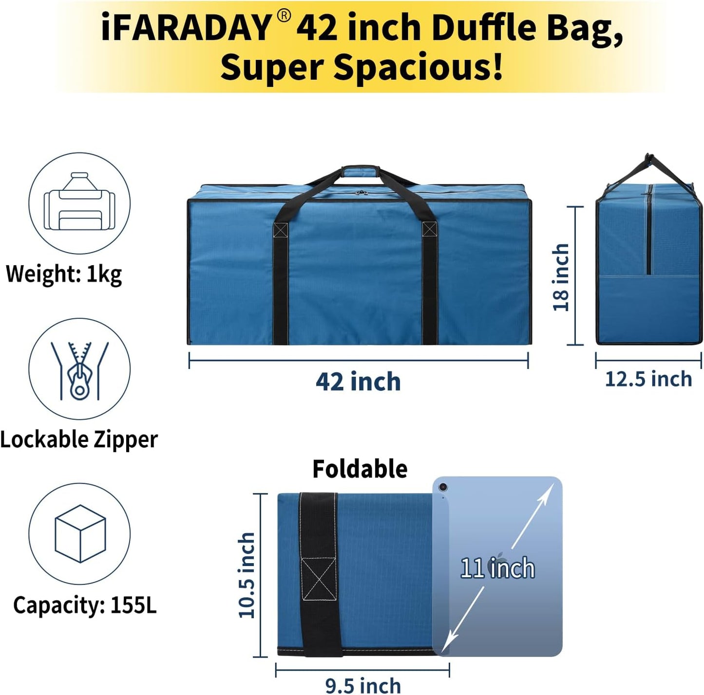 155L Extra Large Duffle Bag - 42 inch Heavy Duty & Water Resistant Duffel Bag Durable Luggage Storage Bag for Camping, Travel, Sports (Blue)