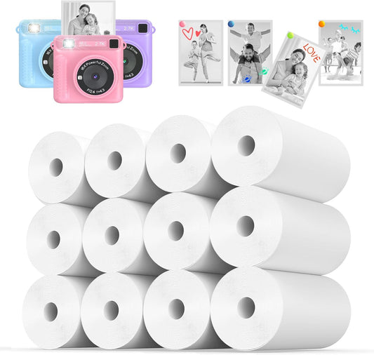 Thermal Paper, 12 Rolls Kids Instant Camera Refill Print Paper, Atnadov HD Thermal Paper (BPA Free) Kids Instant Camera Refill Print Paper Perfect for Most Kids Cameras (White-12 Rolls)