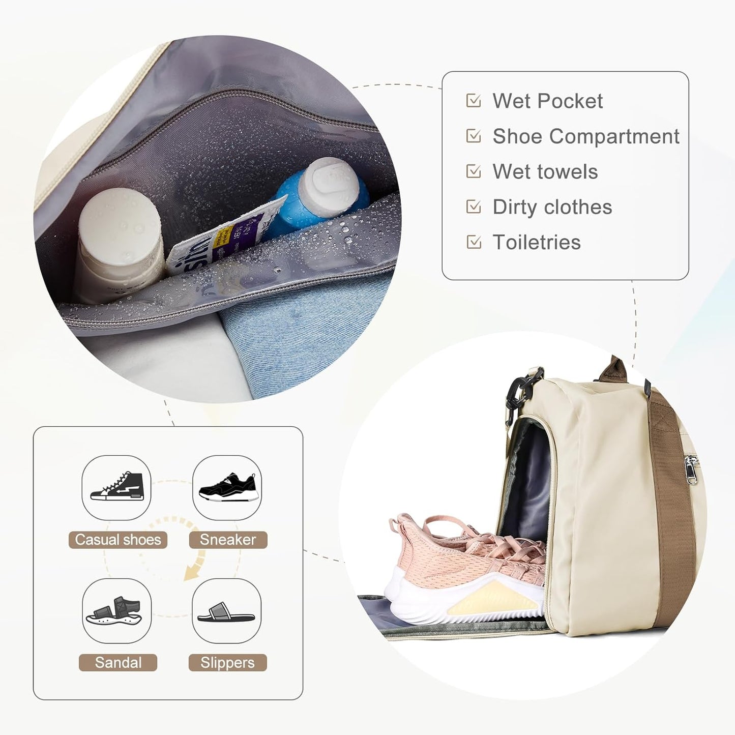 Gym Bag for Women with Shoes Compartment,Small Duffel Bag Sport bag with Toiletry Bag Overnight Travel Tote Bags Weekender Carry on Bags Personal Item Bag for Airlines Beige Brown