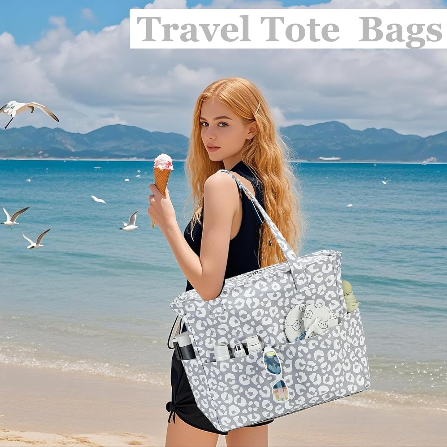 LEDAOU Large Beach Tote Bag Women Waterproof Sandproof Zipper Beach Tote Bag for Pool Gym Grocery Travel with Wet Pocket