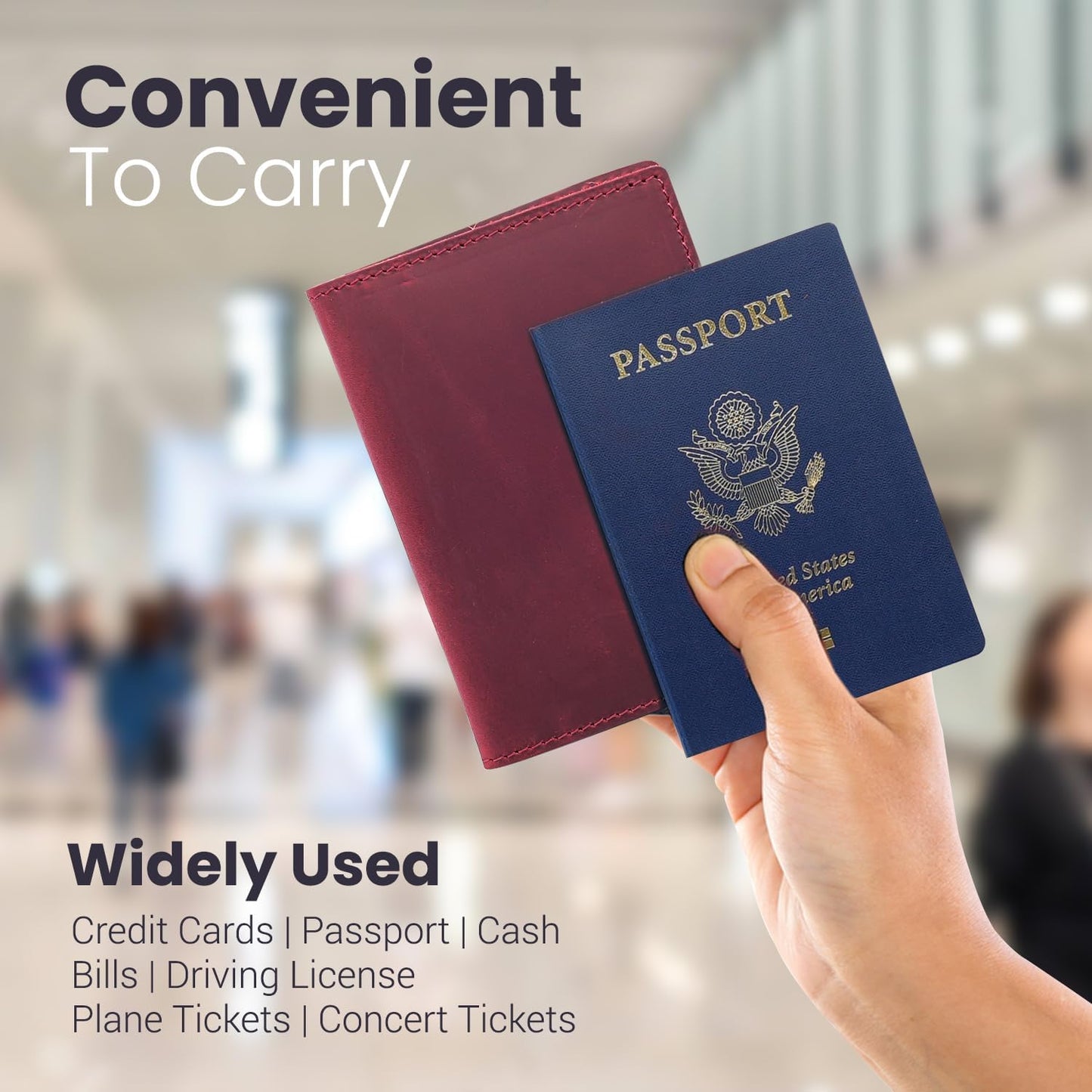 Leather Passport Holder with Travel Wallet, Genuine Leather Passport Cover- Passport Wallet, Leather Folding Wallet for Passports (Oval Cut, Red)