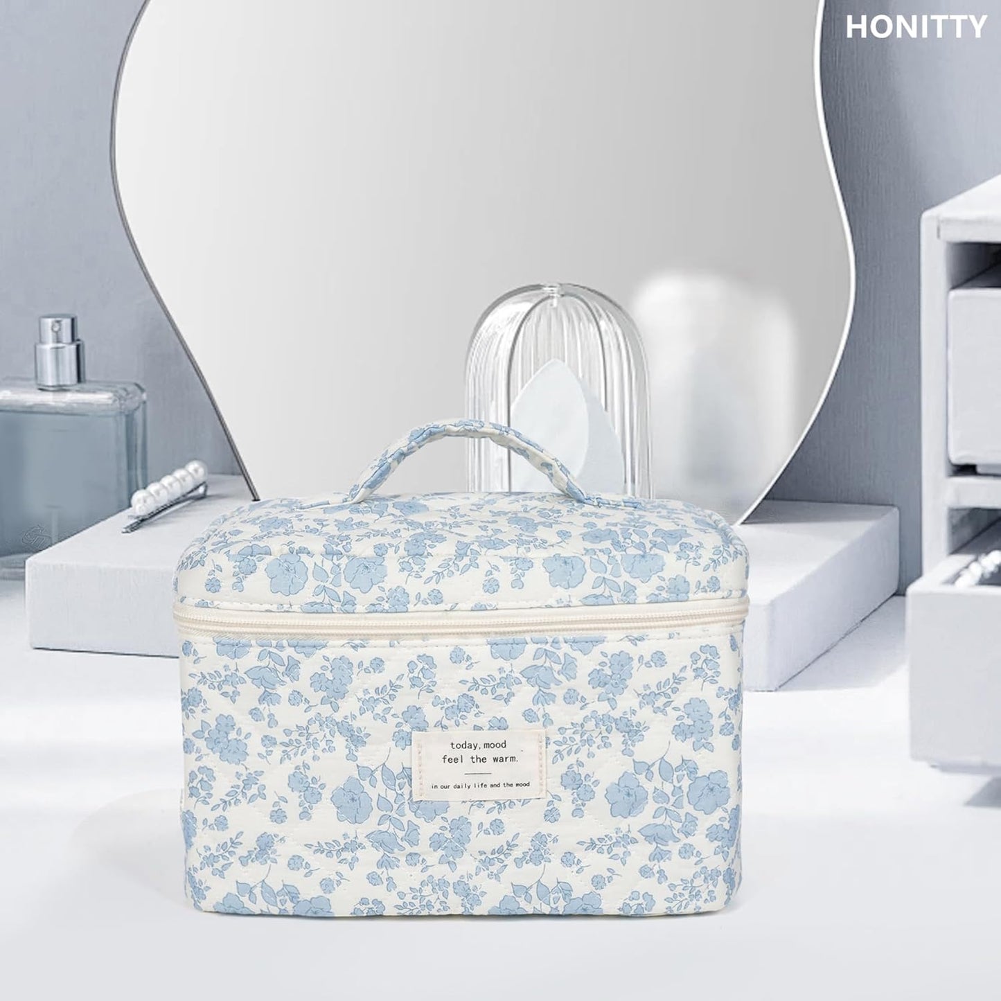 Makeup Bag,Quilted Cosmetic Bags,Large Floral Make Up Bags for Women, Makeup Organize,Flower Travel Toiletry Bag