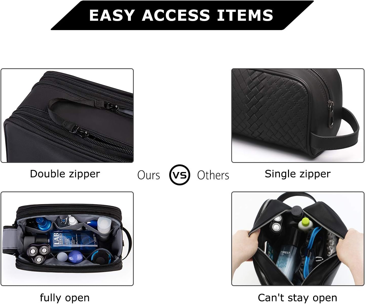 BAGSMART Toiletry Bag for Men, Travel Toiletry Organizer Dopp Kit Water-resistant Shaving Bag for Toiletries Accessories, Door Room Essentials, Black-medium