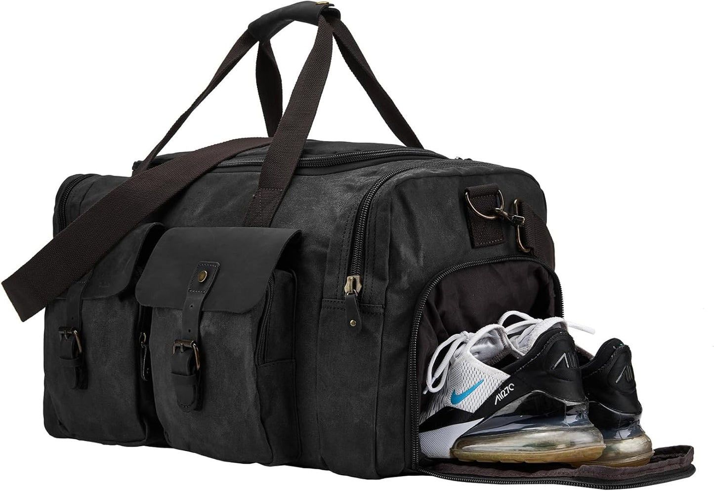 Waxed Canvas Vintage Overnight Duffel Weekend Travel Bag Waterproof For Men Women with Shoes Compartment (Black)