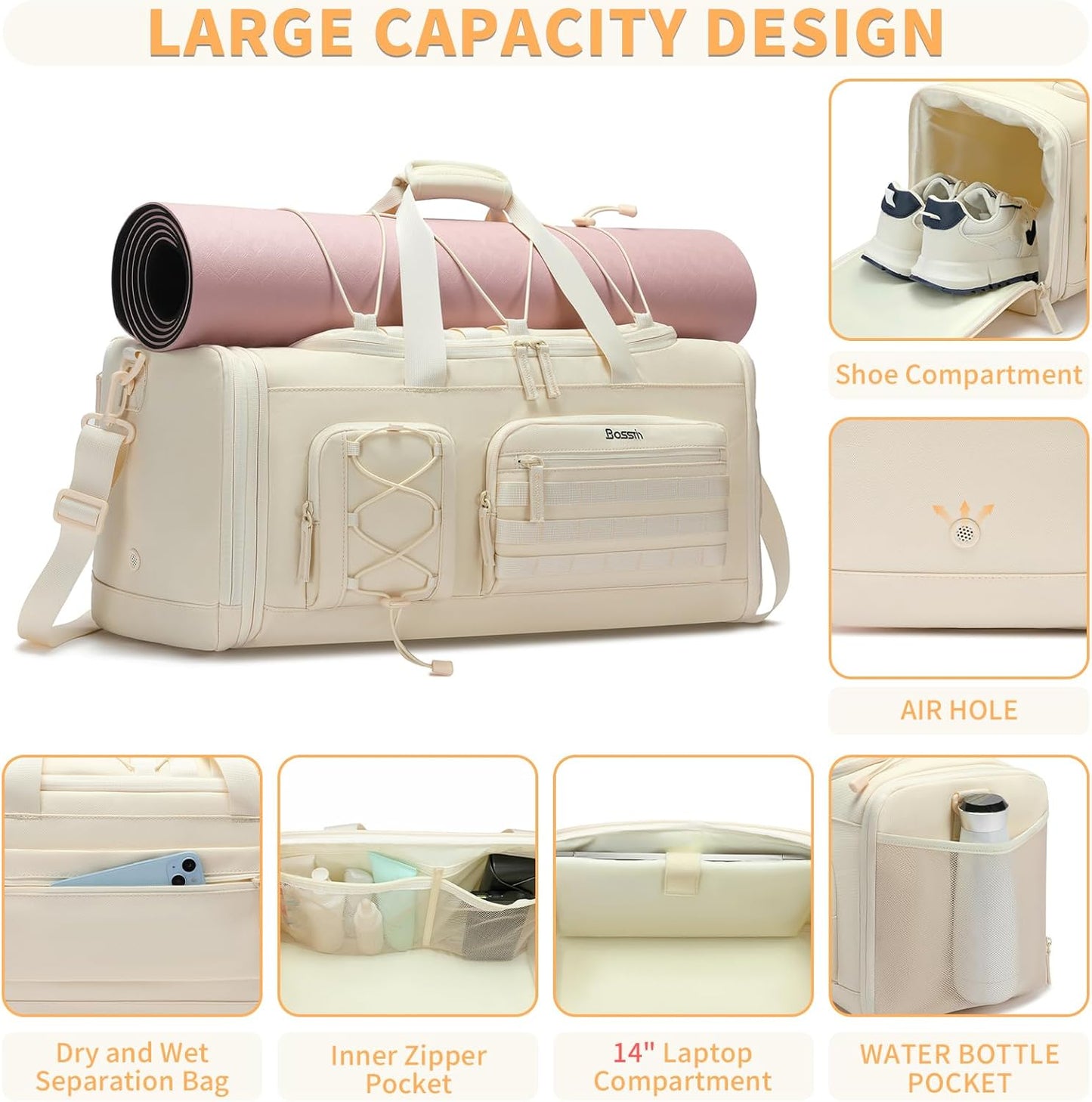 Bosstin Gym Bag for Women & Men, 45L Travel Duffle Sports Duffel Bag Gym Weekender Overnight Backpack with Shoe Compartment (4Beige)