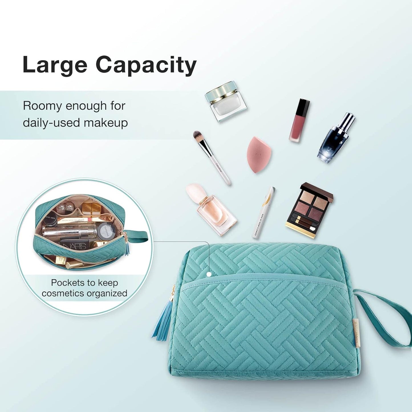 BAGSMART Makeup Bag, Elegant Roomy Cosmetic Pouch for Purse,Travel Zipper Pouch,Water-resistant Toiletry Bag,Makeup Accessories Organizer, Teal