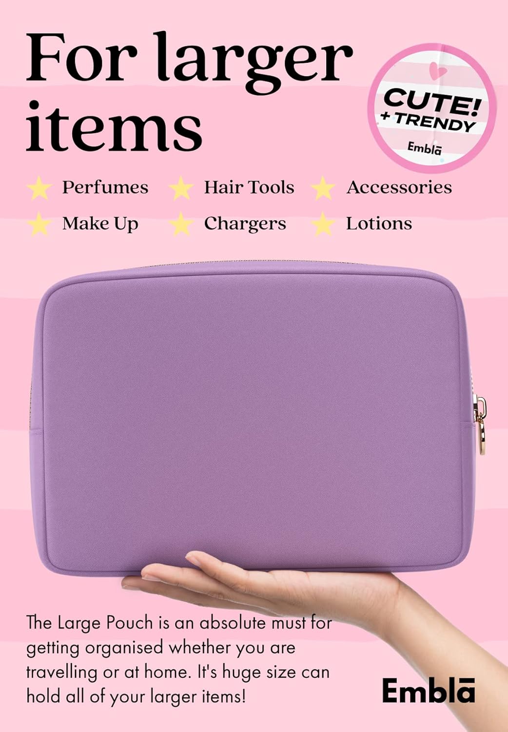 Embla Makeup Bag Travel Cosmetics Pouch and Toiletry Bag, Nylon Zipper Pouch Purse, Cute Make Up Organizer Storage Tote for Women Girls, Waterproof Travel Skincare Case, Large Makeup Bags, Grape