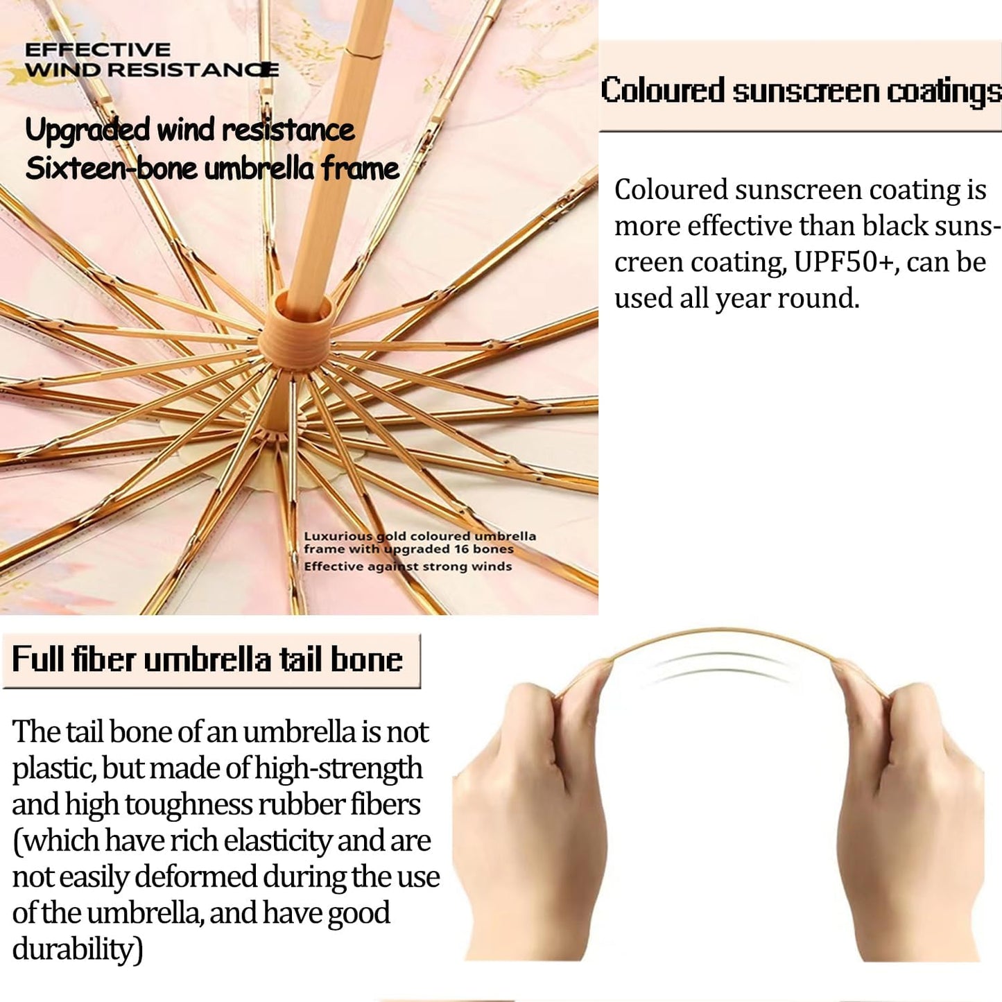 Folding umbrellas for rain and sun UPF 50+ UV Protection Windproof waterproofing and Strong Travel Essentials for Men Women 16 Ribs Wooden Handle Pink Umbrella For Women Sun Umbrella For Walking Compact