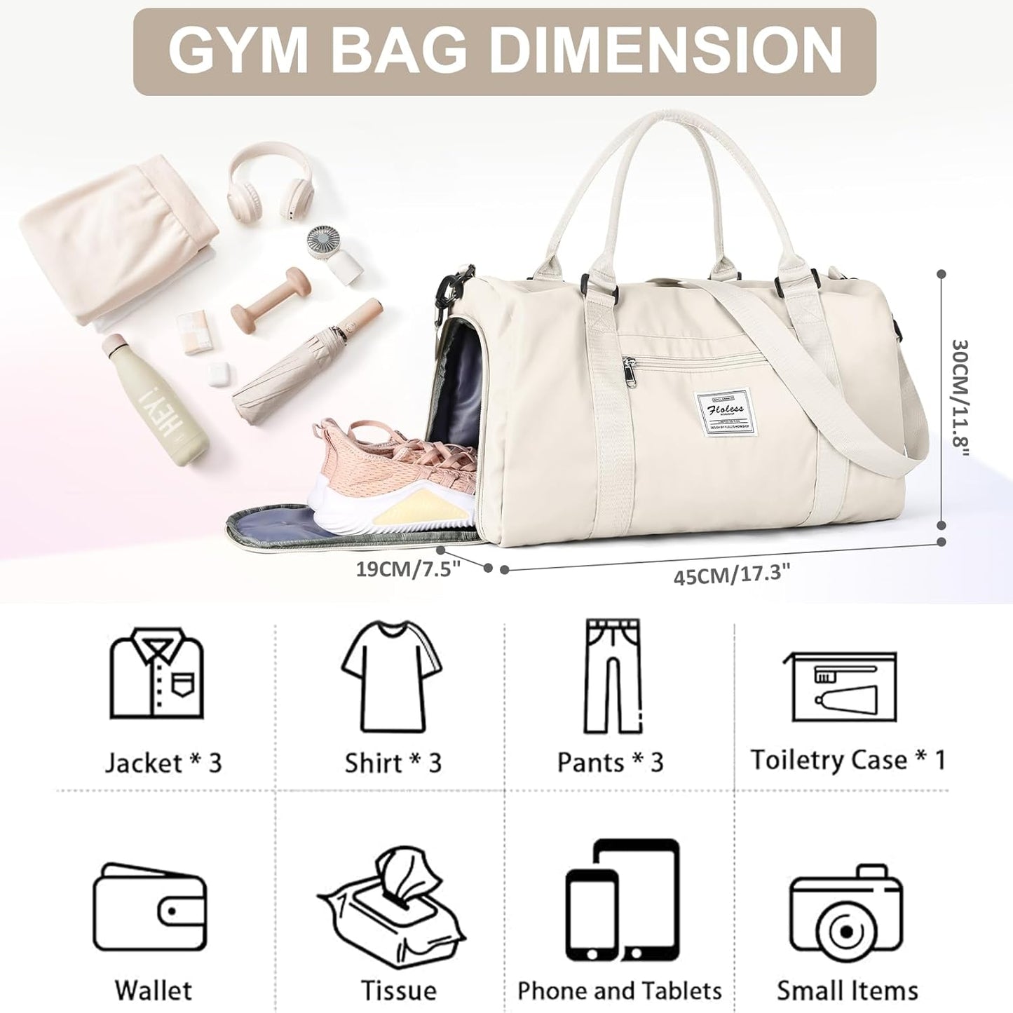 Gym Bag for Women Men with Shoes Compartment & toiletry bag,Sport Swimming Yoga Bag,Waterproof Travel Duffel Bag Small Carry on Bag Overnight Weekender Bags Personal Item Bag for Airlines Cream White