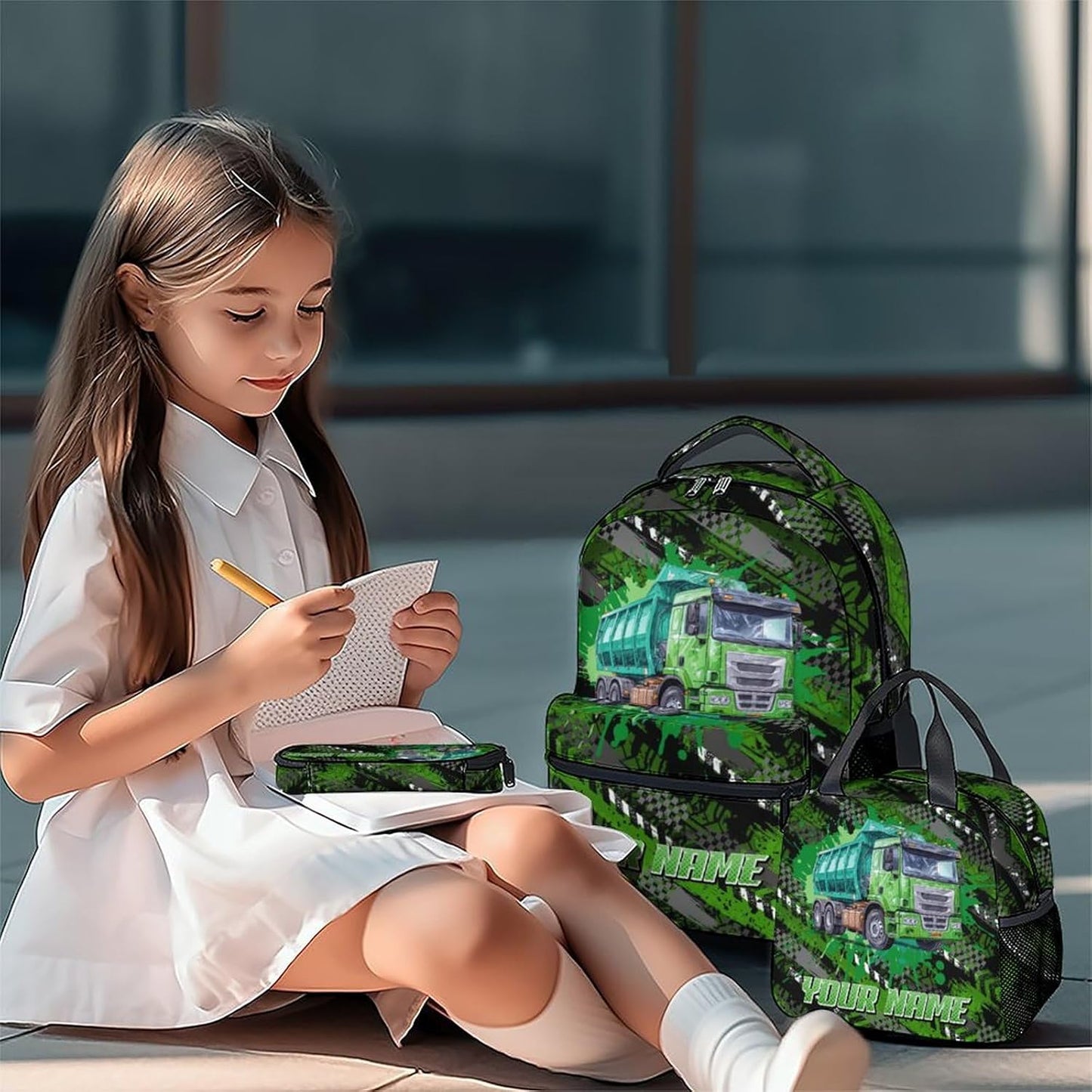 Mercuryelf Boys Backpack with Lunch Box - 17 Inch Garbage Truck Backpacks Set for School - Personalized Cool Bookbag with Lunch Bag and Pencil