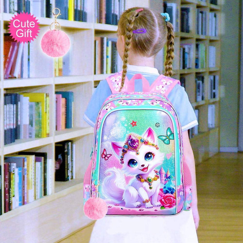 16" Fox Backpack for Girls, 3Pcs Kids Bookbag for Elementary Preschool Kindergarten, School Backpacks with Lunch Box(Pink)