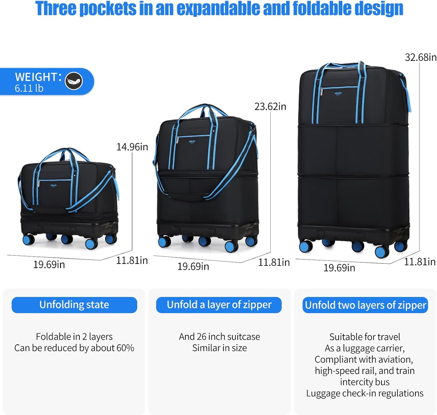 Rolling Duffle Bag with Detachable Wheels, Large Capacity Expandable Foldable Suitcase for Travel,Collapsible Luggage Carry on Duffel Overnight Weekend Bags