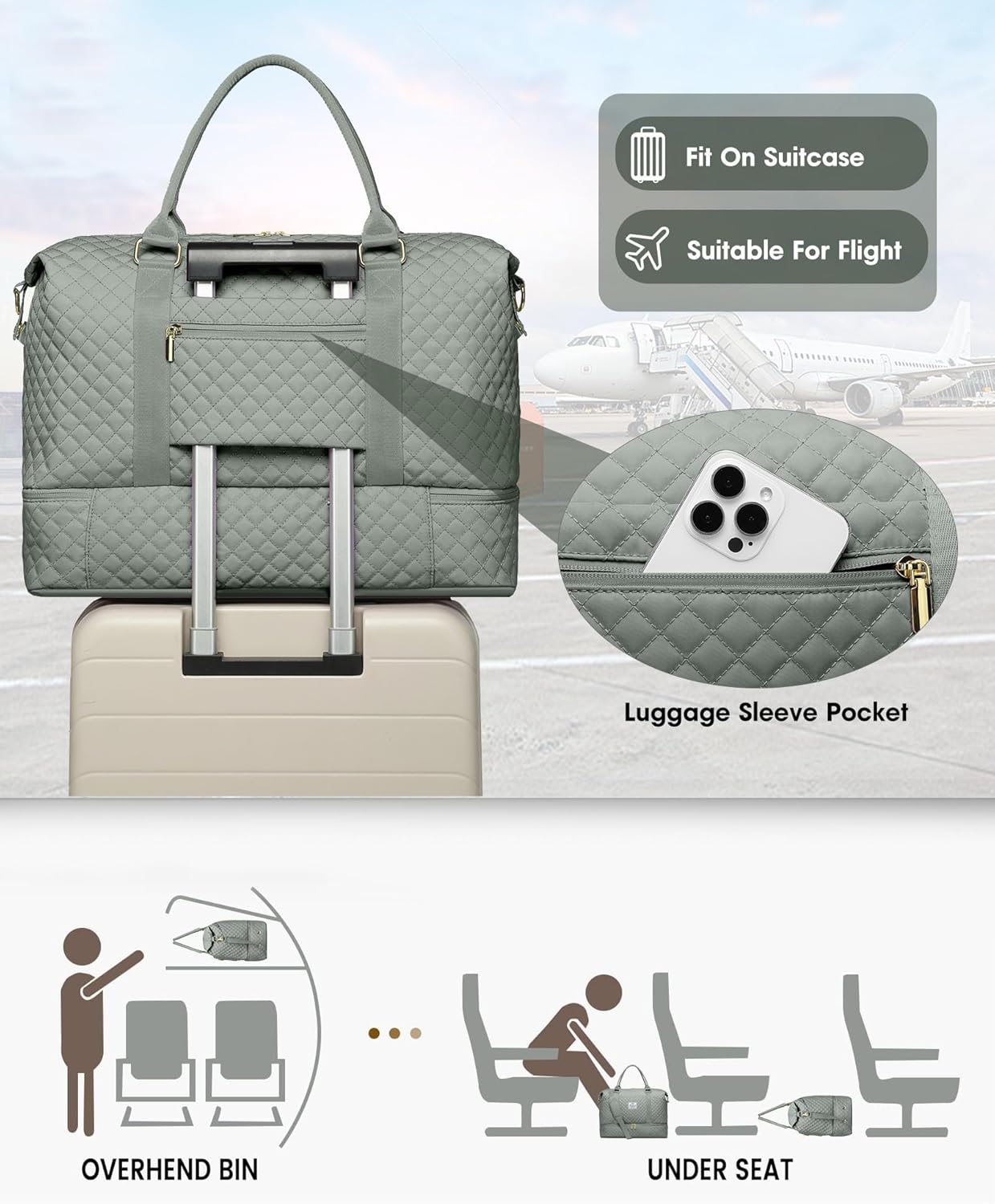 Weekender Bags for Women Duffle Bag - Travel Duffel Bag with Shoe Compartmen Carry on Overnight Bag with Toiletry Bag Gym Tote Bag with Wet Pocket Hospital Bags for Labor and Delivery Green