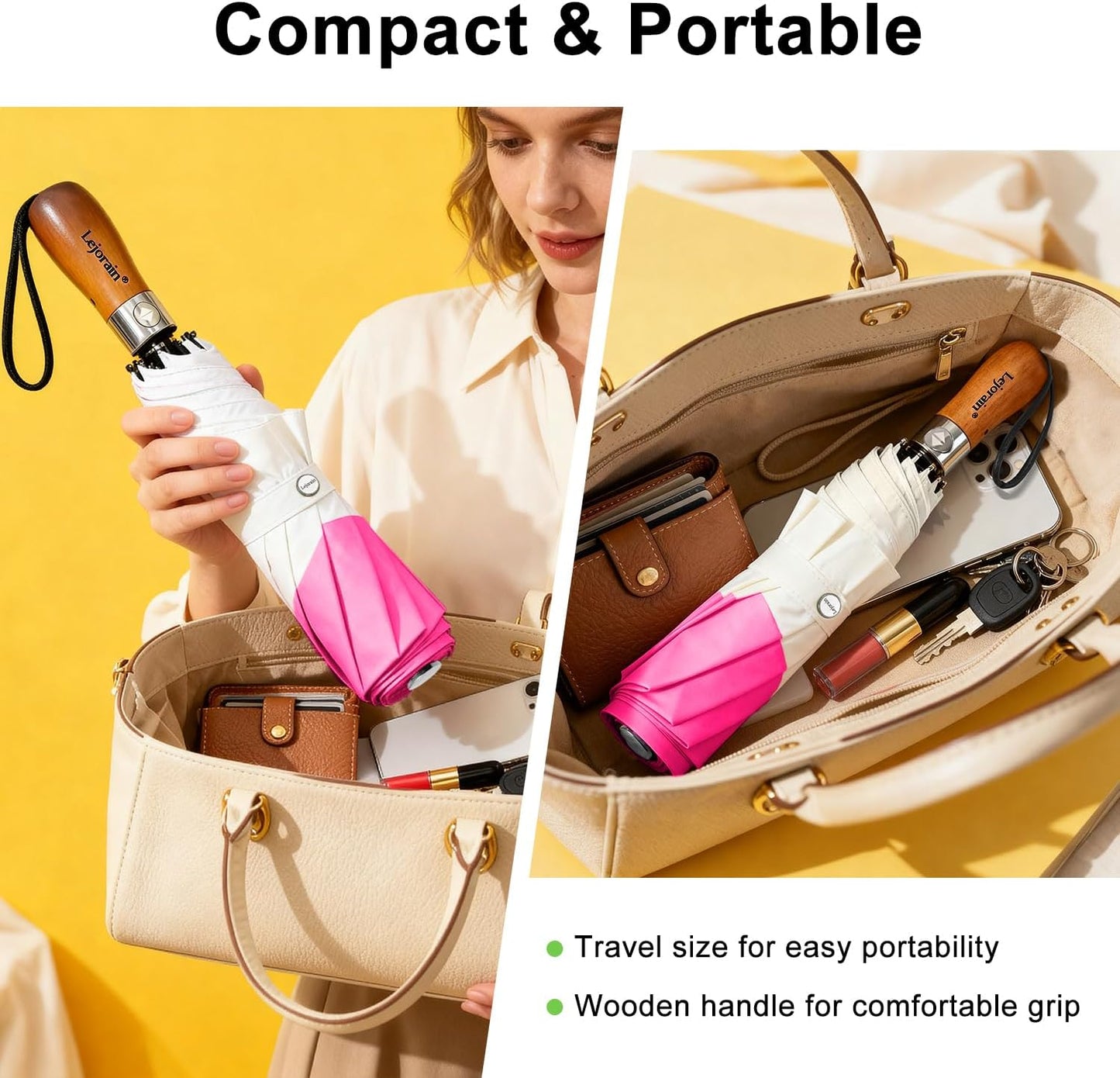 Lejorain Compact Golf Umbrella Large - 54inch Travel Big Portable Automatic Folding Umbrella Windproof for Men Heavy Duty 210T Dupont Teflon Coated Umbrella for Rain