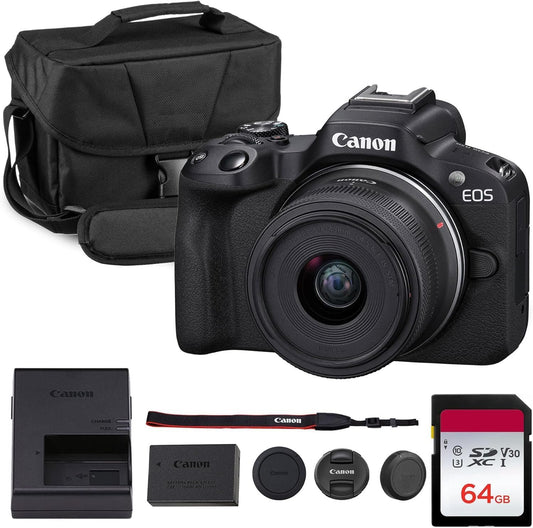 Canon EOS R50 Mirrorless Camera Kit – APS-C RF Camera with 18-45mm Lens, 4K Video, Dual Pixel AF II & Vari-Angle Touchscreen (5811C012) + Shoulder Bag + 64GB Memory Card
