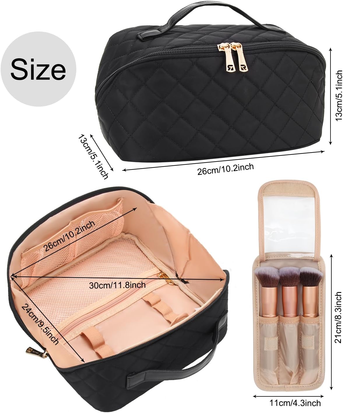 Relavel Travel Makeup Bag, Large Capacity Cosmetic Bag for Women, Waterproof Portable Makeup Pouch with Separate Makeup Brush Board, Wide Open Flat Toiletry Bag - Black