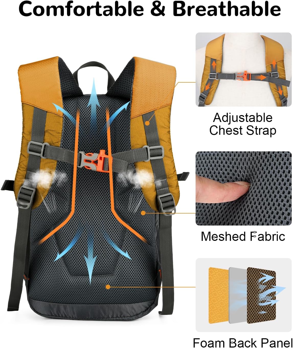 15L Small Padded Hiking Backpack with Chest Strap for Men Women, Lightweight Waterproof Daypack for Travel, Yellow