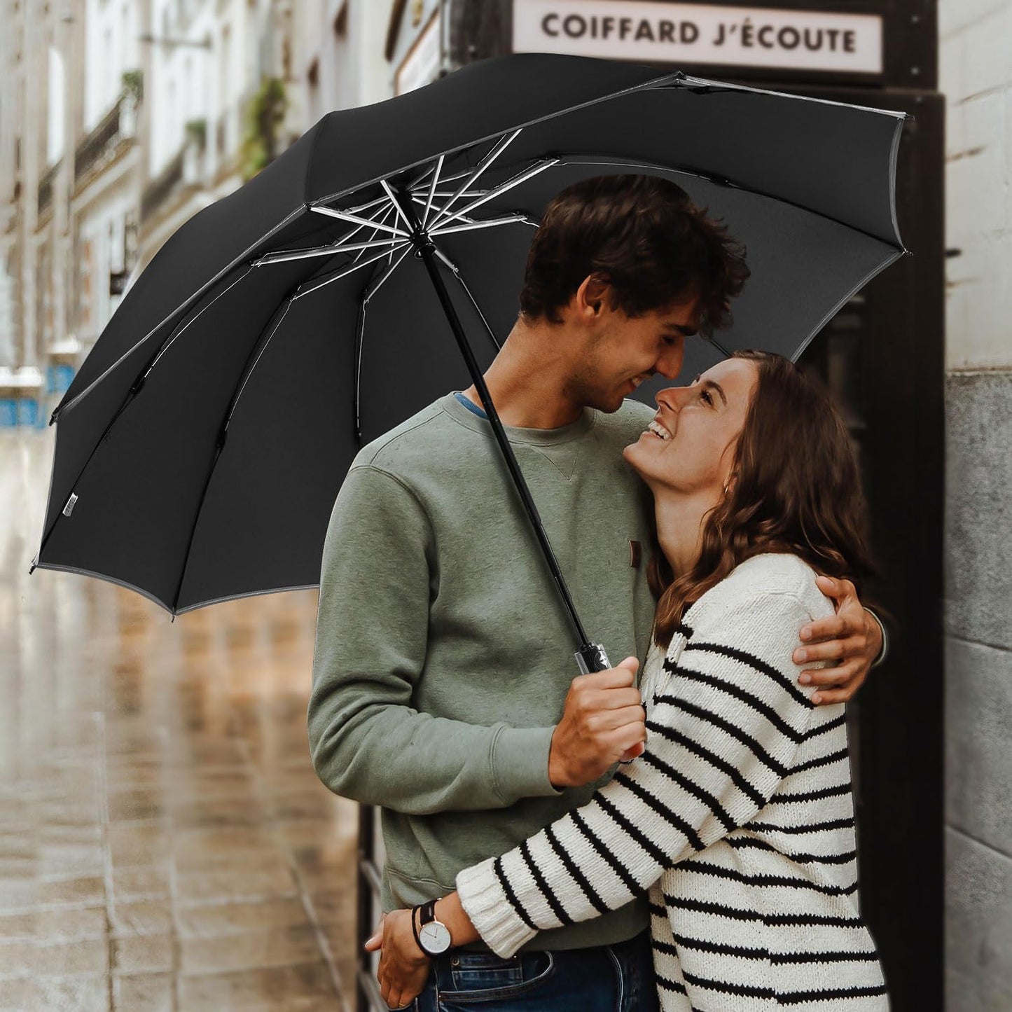 Lejorain Golf Large Inverted Umbrella - Black Big Windproof Heavy Duty Upside Down 46/50/54 Inch Compact Reverse Car Automatic Folding Reflective Umbrella