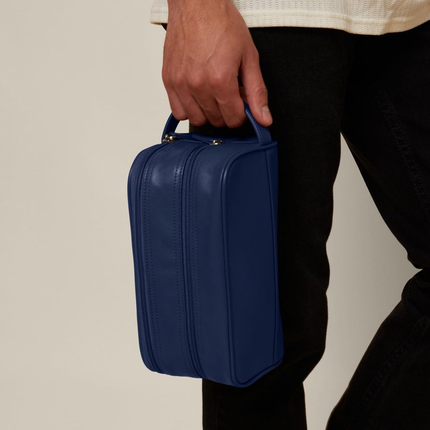 Leatherology Navy Blue Leather Toiletry Bag – Small Double Zip Dopp Kit – Full Grain Leather Travel Organizer with Water-Resistant Lining – Compact Grooming Bag for Men or Women