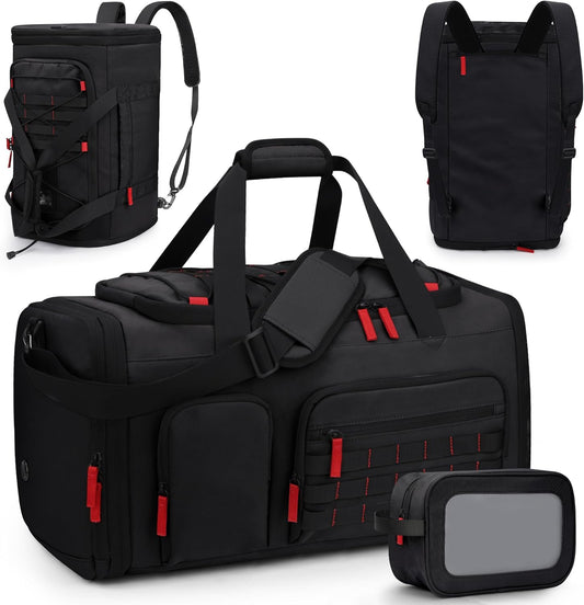 Gym Bags for Men Women, 45L Sports Travel Duffle Bag with Shoe Compartment, 3 in 1 Weekener Overnight Backpack with Wet Pocket, Black