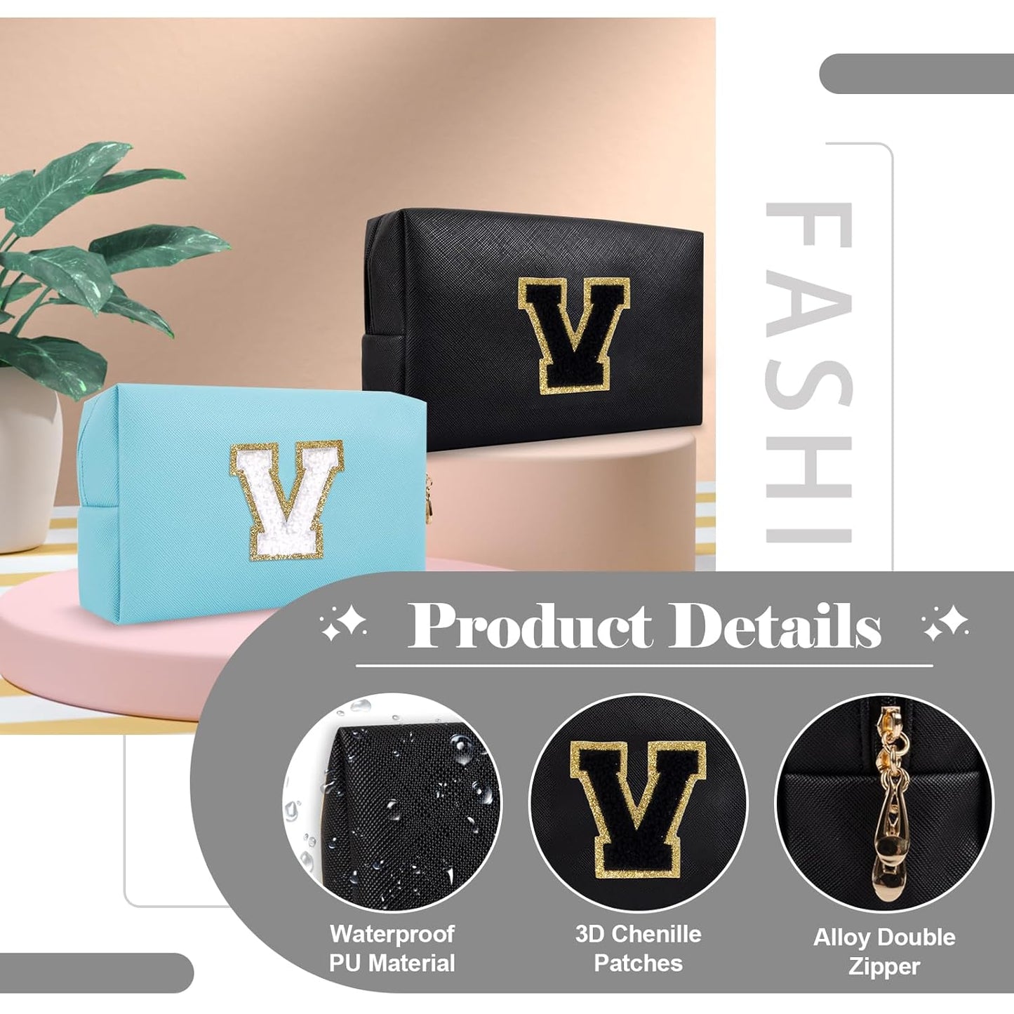 Personalized Initial A-Z Preppy Patch Makeup Bag,Small PU Chenille Letter Cosmetic Bag with Zipper for Teen Girls,Black Cute Toiletry Organizer Bag,Monogram Makeup Case Gift for Women Girls,Letter V