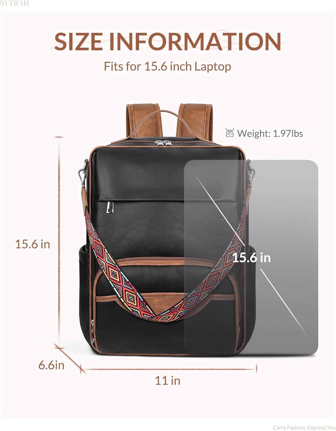 Leather Laptop Backpack, 15.6 Inch Business Computer Bag, Designer College Backpack Travel Backpack with Colorful Shoulder Bag Strap Black Brown