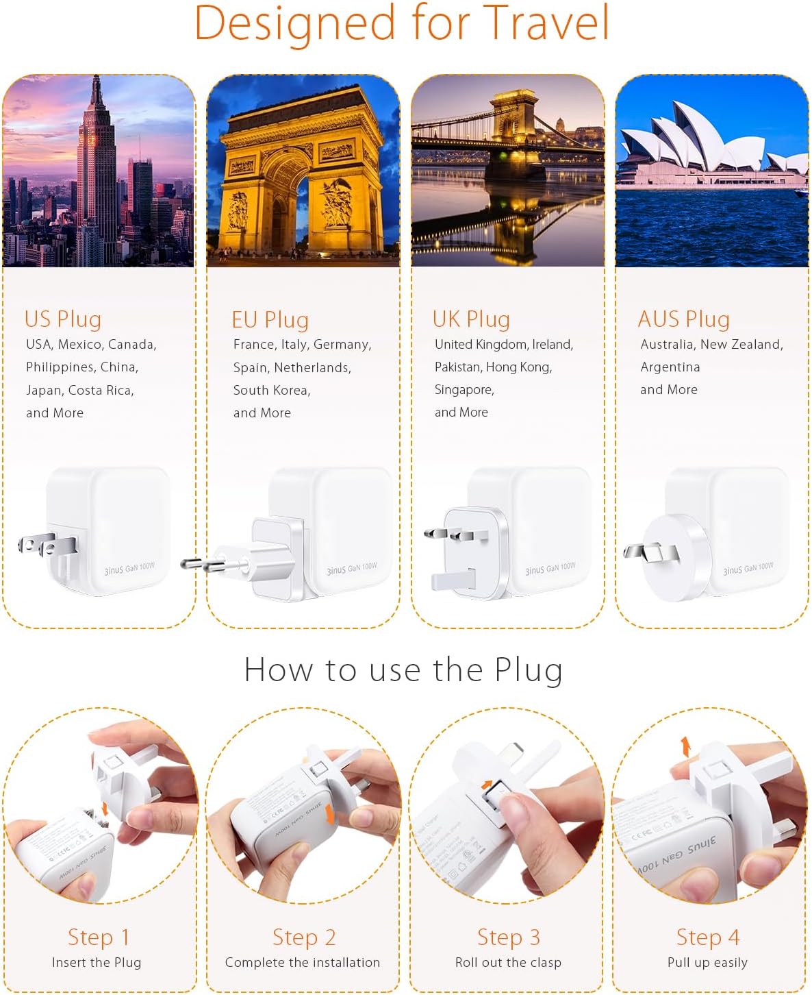 100W USB C GaN Wall Charger for Smart Phone 17/16 Pro/Pro Max/Plus, Plug Foldable 4-Port PD USB-C Charger with Traveller Adapters, use for Tablet, Mac Book Laptops etc.