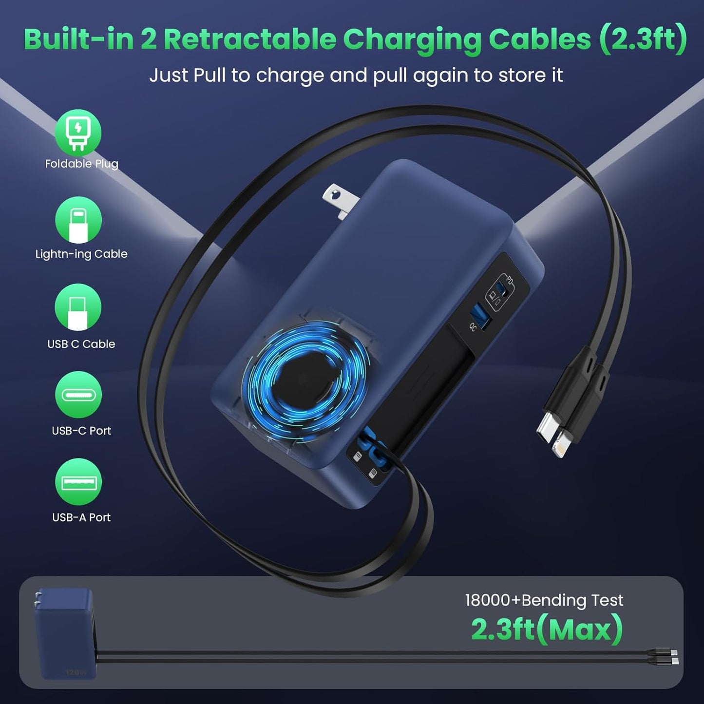 120W USB C Charger Block with 2 Built-in Retractable Cables,4-in-1 GaN IV Foldable Plug Wall Charger Fast Charging Station,PD 65W Laptop Adapter for Macbook/iPad,iPhone 17/16/15/14,Android (Dark Blue)