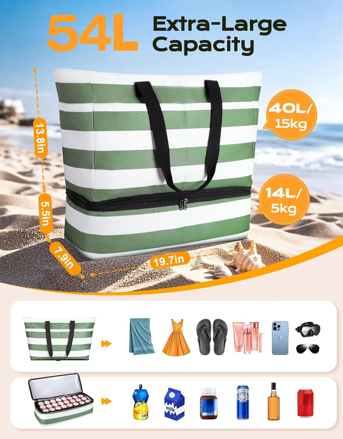 Beach Bag with Cooler, 54L Large Waterproof Sandproof Travel Tote Bag, Duffel Weekender Bag for Packing/Travel/Gym