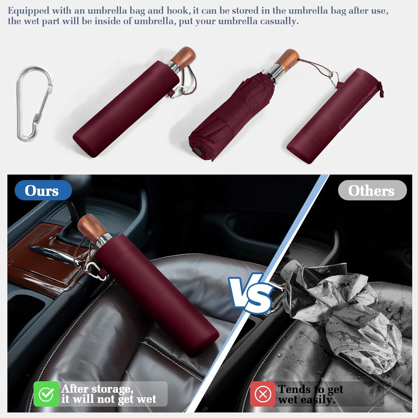 Umbrella Strong Windproof, Triple-Layer Canopy, 10 Fiberglass Ribs, Auto Open/Close, Wooden Handle, Sleeve with Anti-Loss Hook, Umbrellas for Travel & Commute & Daily Use & Gift