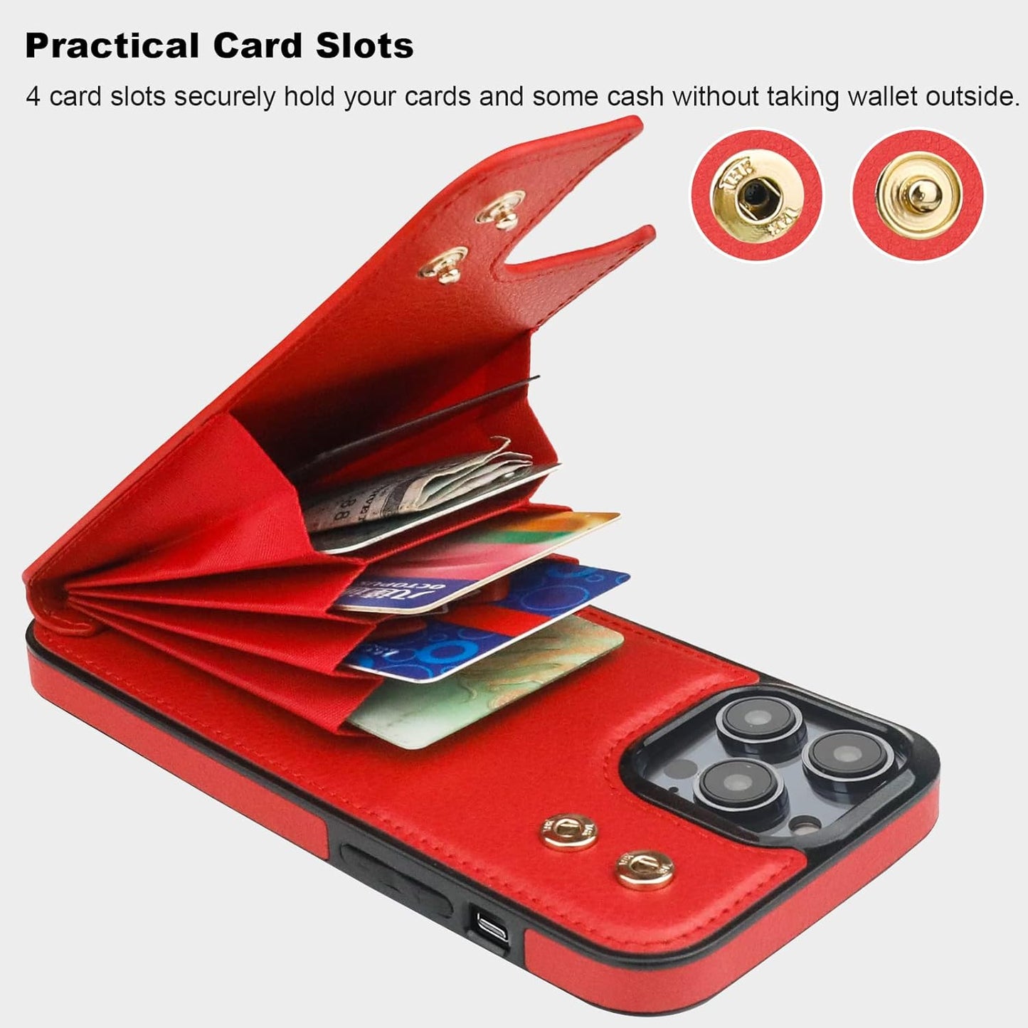 Folosu Compatible with iPhone 14 Pro Max Case Wallet with Card Holder, 360°Rotation Finger Ring Holder Kickstand, RFID Blocking Leather Protective Double Buttons Shockproof Cover 6.7 Inch Red