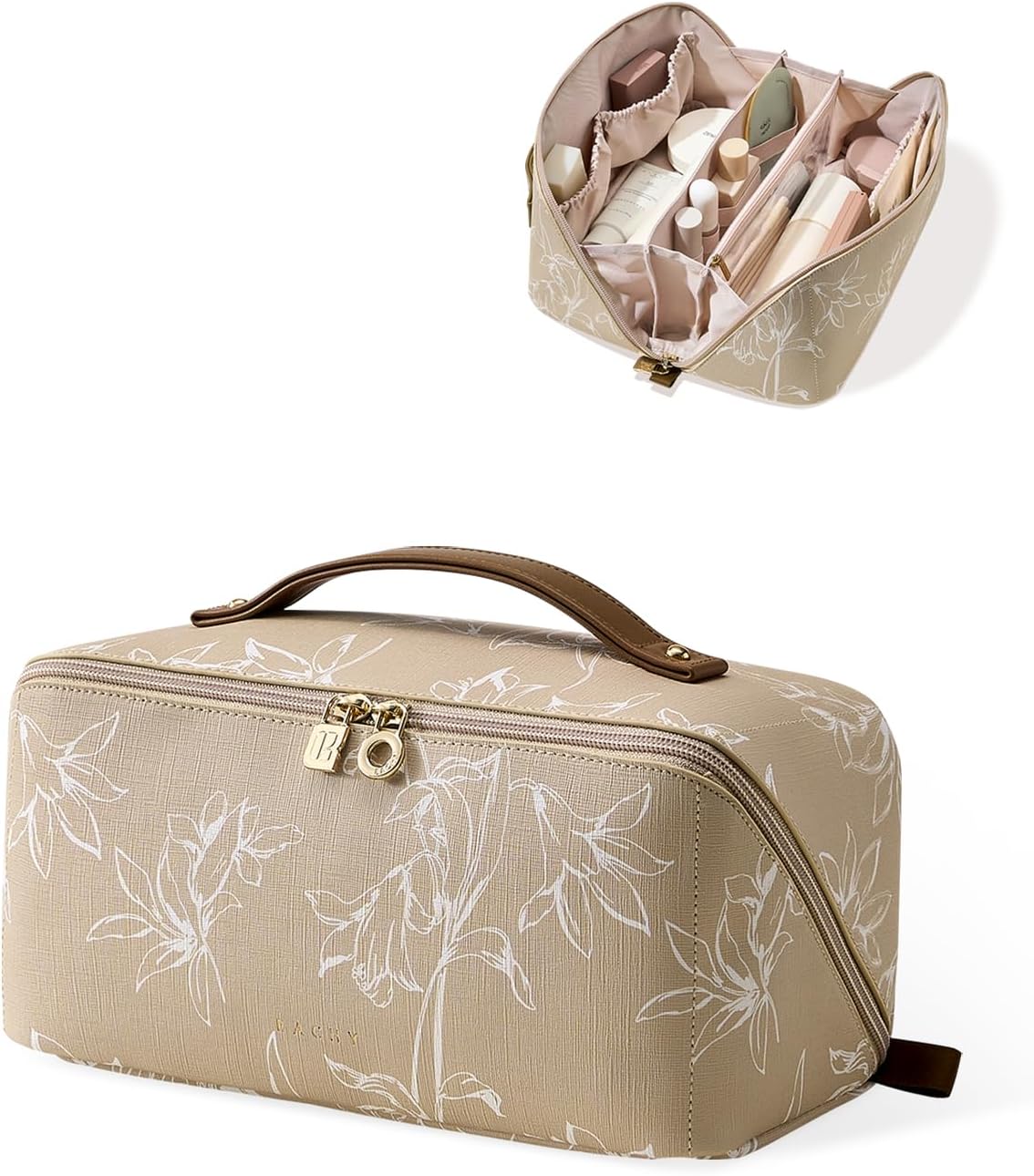 EACHY Travel Makeup Bag,Large Capacity Cosmetic Bags for Women,Waterproof Portable Pouch Open Flat Toiletry Bag Pattern Makeup Bag (F-Brown-Large)