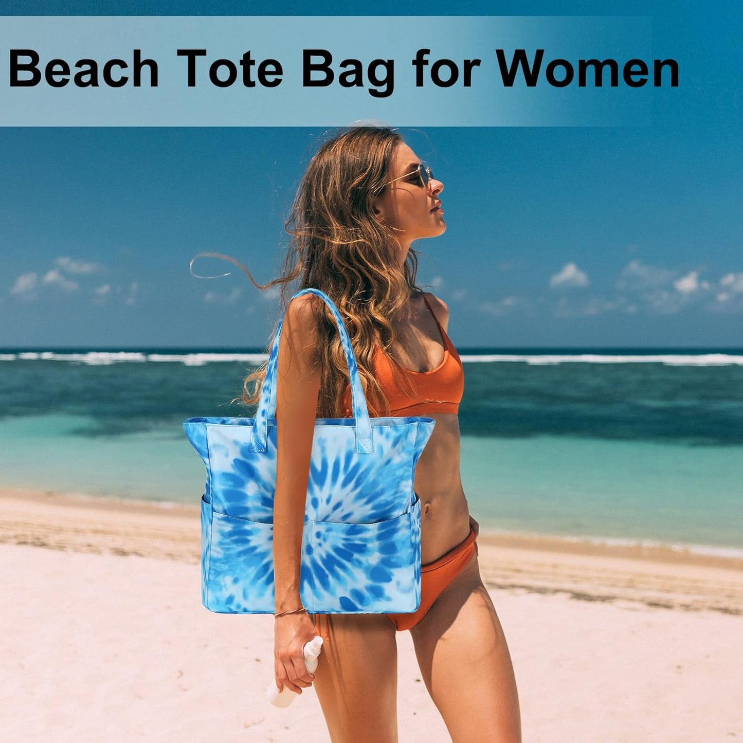 LEDAOU Large Beach Tote Bag Women Waterproof Sandproof Zipper Beach Tote Bag for Pool Gym Grocery Travel with Wet Pocket