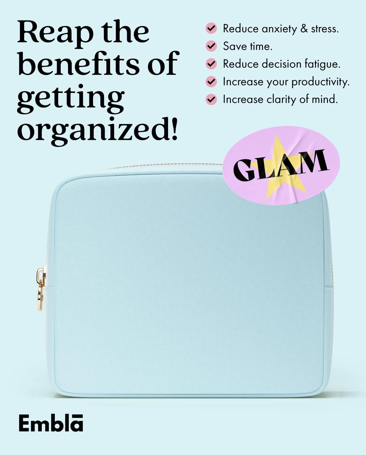 Embla Makeup Bag Travel Cosmetics Pouch and Toiletry Bag, Nylon Zipper Pouch Purse, Cute Make Up Organizer Storage Tote for Women Girls, Waterproof Travel Skincare Case, Large Makeup Bags, Sky Blue