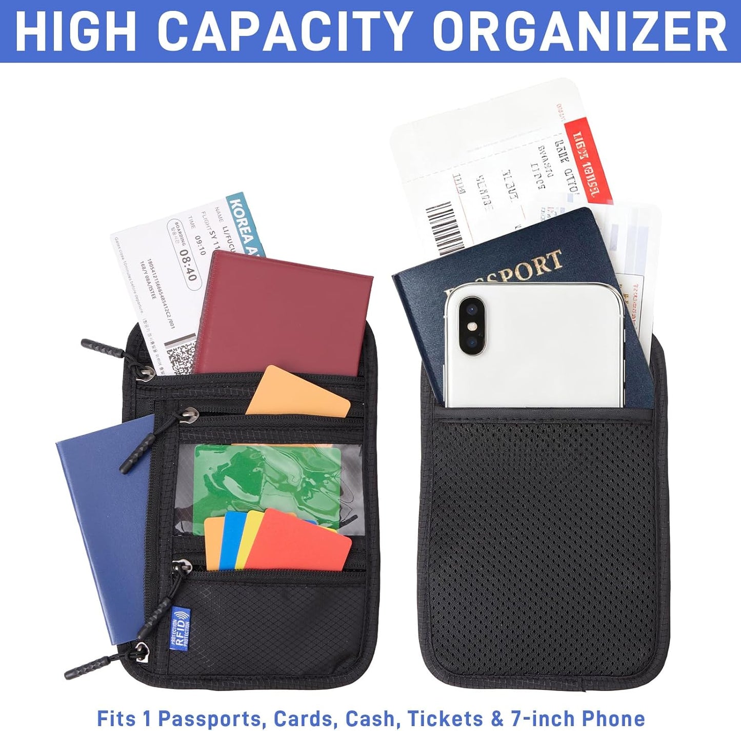 2-Pack RFID Blocking Passport Holder for Travel, Hidden Neck Wallet with Phone Pocket, Lightweight Under-Clothing Pouch Fits 7-inch phone & 2 Passports, Anti-Theft Organizer (Black & Dark Gray)