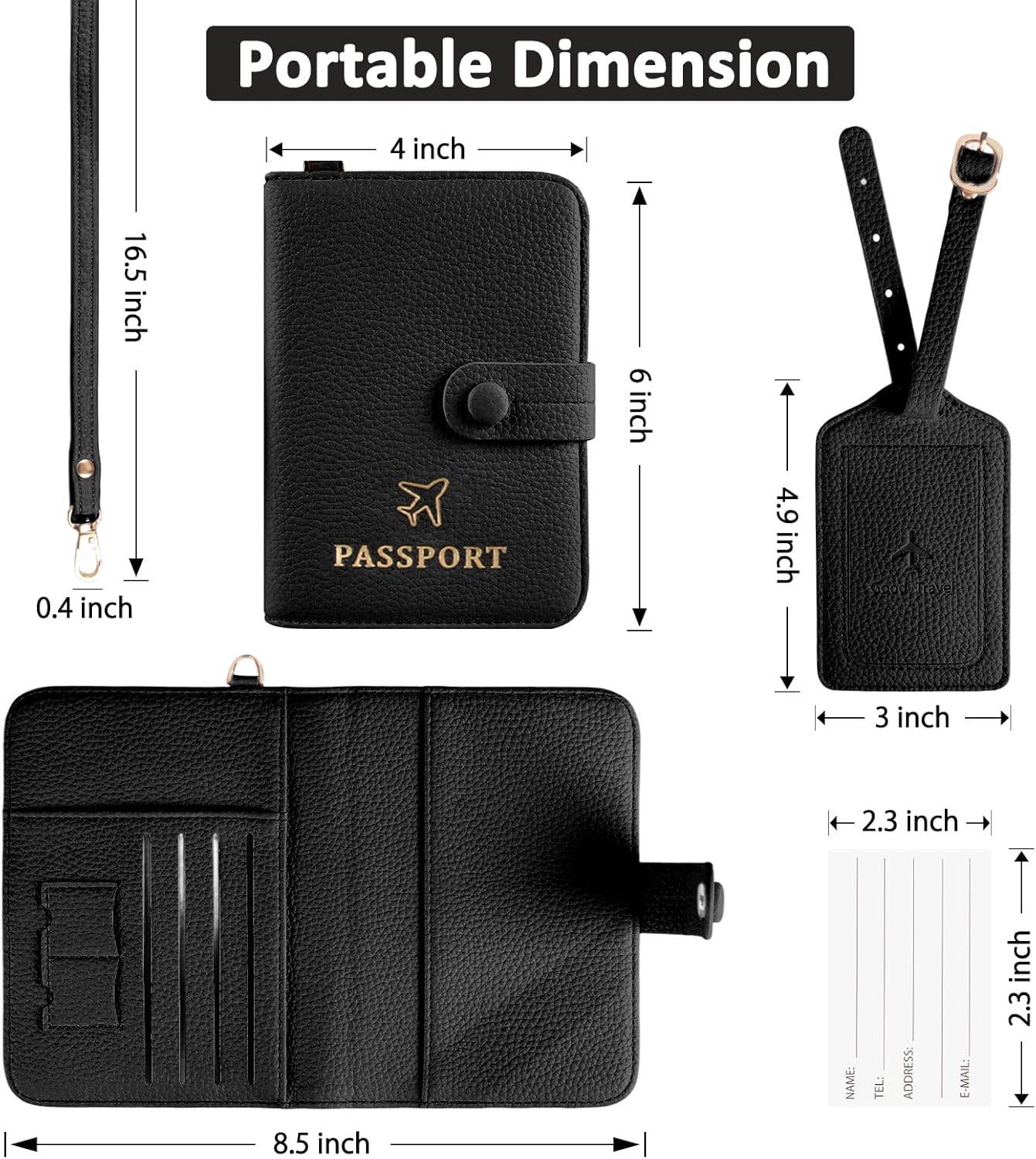 Passport Holder RFID Protected Wallet and Luggage Tag with Protection Cover Travel Accessories Leather Card Case Organizer for Women Men (Black)