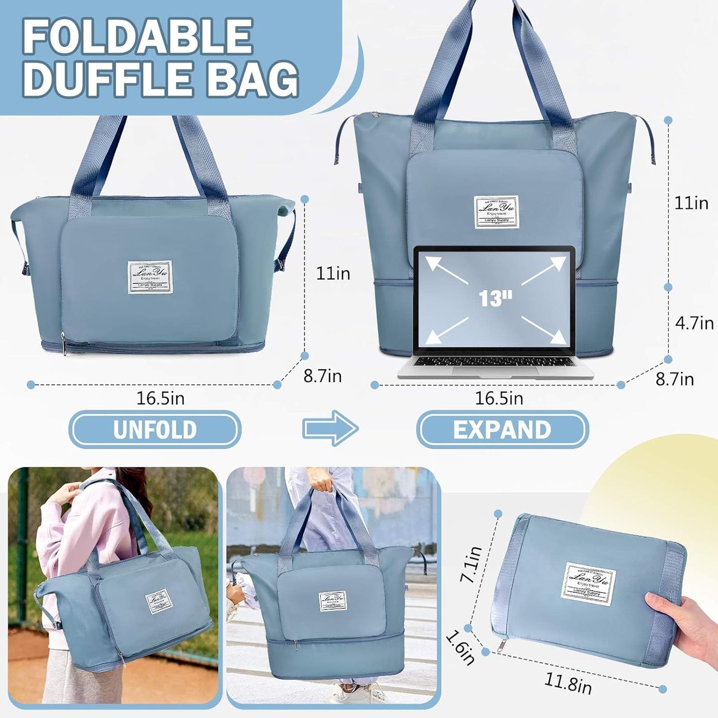 Ranslen Large Capacity Folding Travel Bag,Expansion Travel Duffel Bag with Dry and Wet Separation Portable Travel Duffel Bag