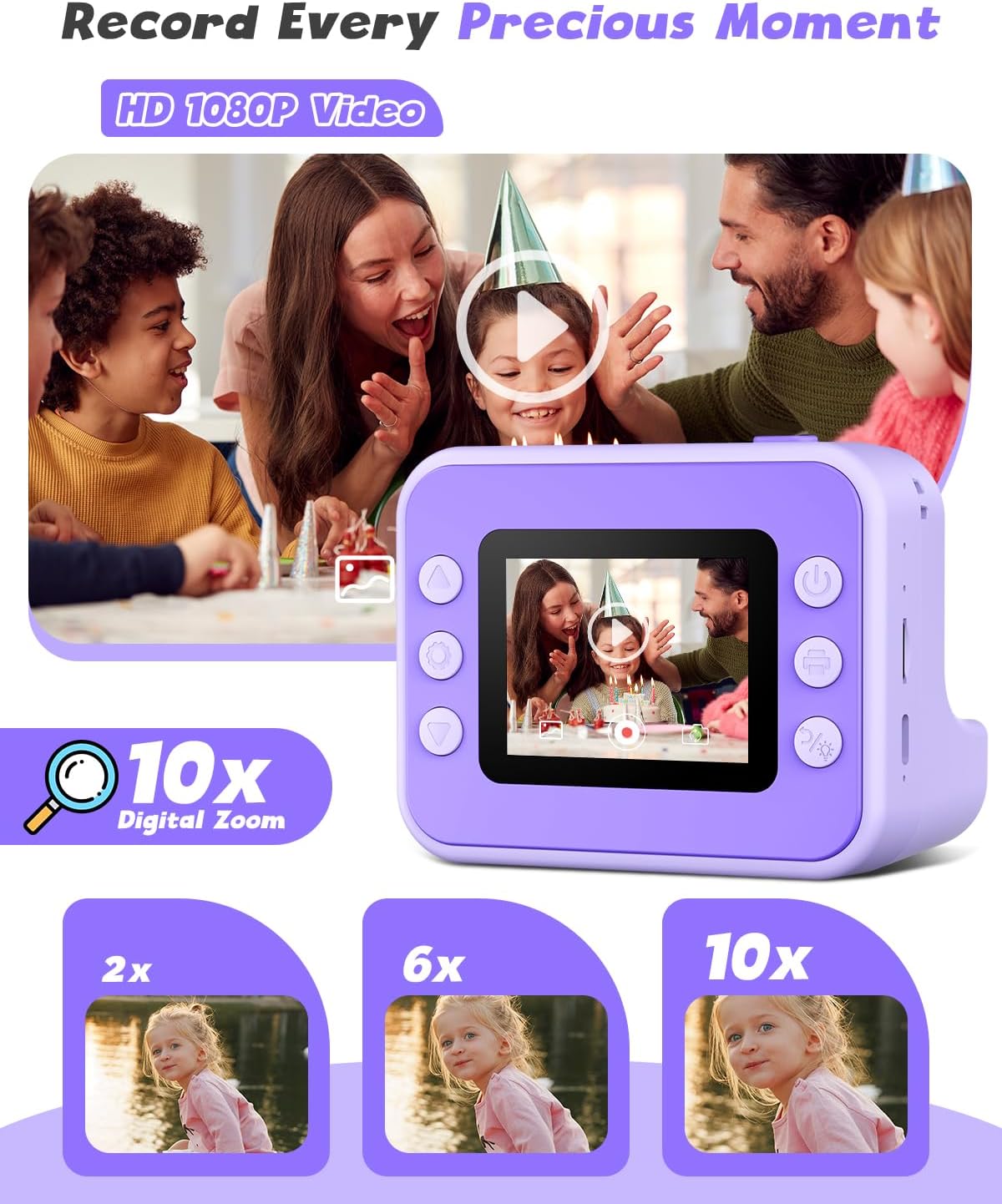Instant Print Camera for Kids, 1080P Digital Video Cameras, Christmas Birthday Gifts Toys for Age 3-12, Toddler Camera for 4 5 6 7 8 9 10 Year Old Girls - Purple