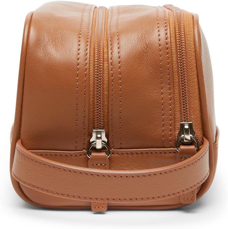 Leatherology Cognac Leather Toiletry Bag – Small Double Zip Dopp Kit – Full Grain Leather Travel Organizer with Water-Resistant Lining – Compact Grooming Bag for Men or Women