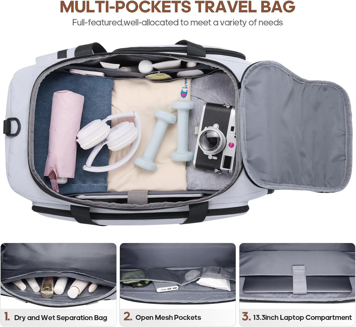 Gym Bag for Men and Women with Shoe & Laptop Compartment, 3-in-1 Sports Travel Duffel Bag Anti-Theft Weekender Carry-On Backpack for Airplane & Workout, Overnight Travel Bag,35L (Light Grey, Medium)